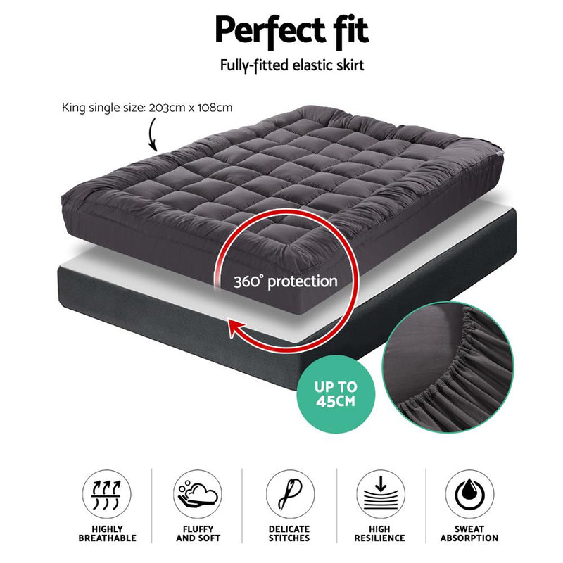 King Single Mattress Topper Pillowtop 1000GSM Charcoal Microfibre Bamboo Fibre Filling Protector - Rivercity House & Home Co. (ABN 18 642 972 209) - Affordable Modern Furniture Australia