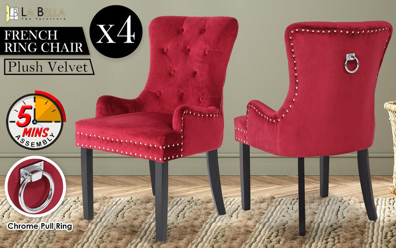 Set of 4 Lisse French Provincial Velvet Dining Chairs with Chrome Ring - Bordeaux Red - Furniture > Bar Stools & Chairs - Rivercity House & Home Co. (ABN 18 642 972 209) - Affordable Modern Furniture Australia