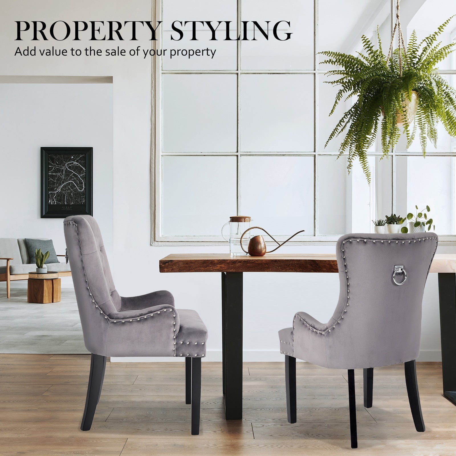 Lisse French Provincial Velvet Dining Chairs with Chrome Ring - Grey - Furniture > Bar Stools & Chairs - Rivercity House & Home Co. (ABN 18 642 972 209) - Affordable Modern Furniture Australia