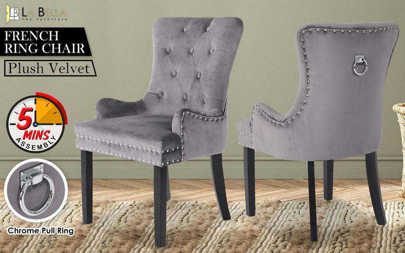 Lisse French Provincial Velvet Dining Chairs with Chrome Ring - Grey - Furniture > Bar Stools & Chairs - Rivercity House & Home Co. (ABN 18 642 972 209) - Affordable Modern Furniture Australia