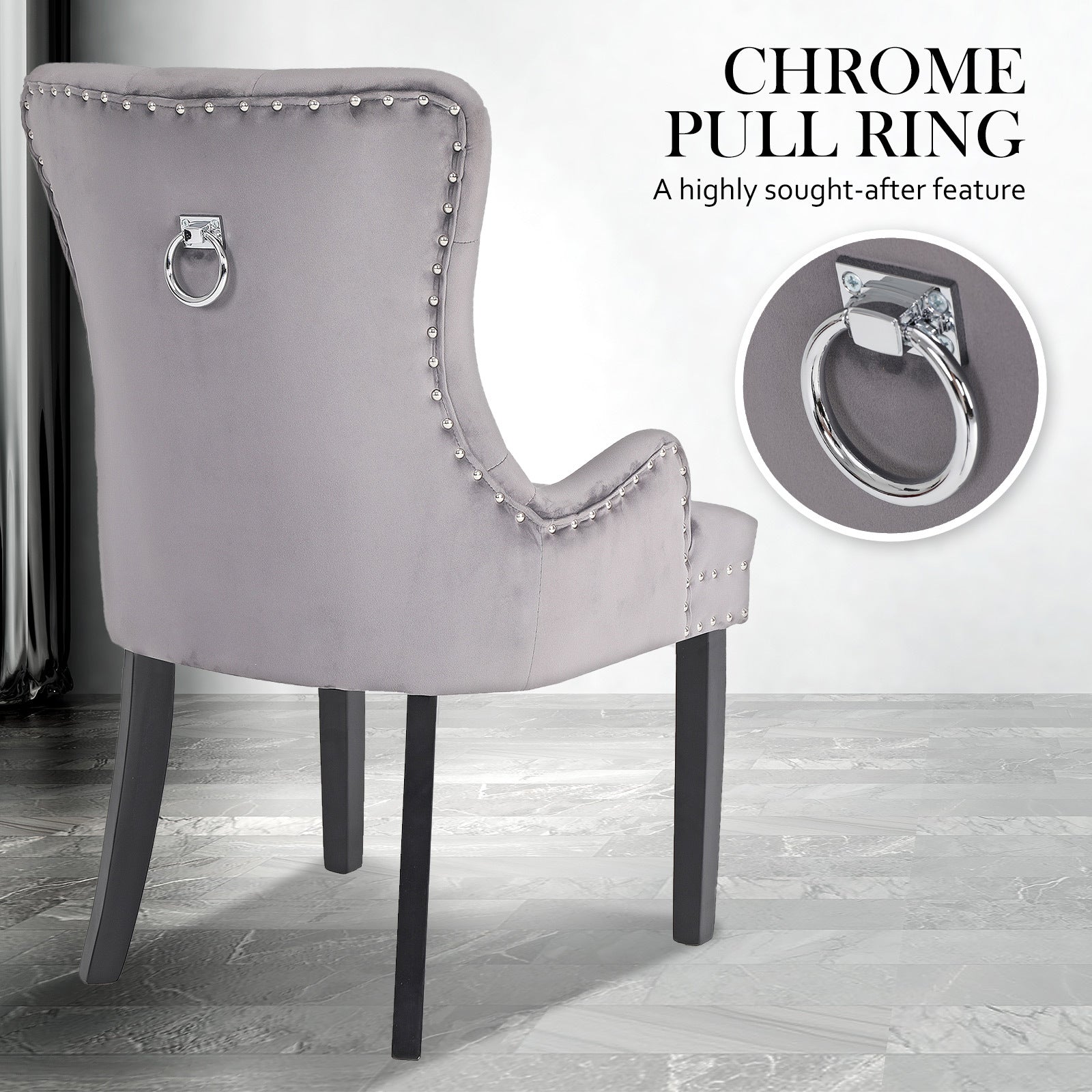 Lisse French Provincial Velvet Dining Chairs with Chrome Ring - Grey - Furniture > Bar Stools & Chairs - Rivercity House & Home Co. (ABN 18 642 972 209) - Affordable Modern Furniture Australia
