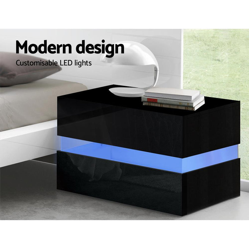 LED Light Bedside Table With 2 Drawers Black - Rivercity House & Home Co. (ABN 18 642 972 209) - Affordable Modern Furniture Australia