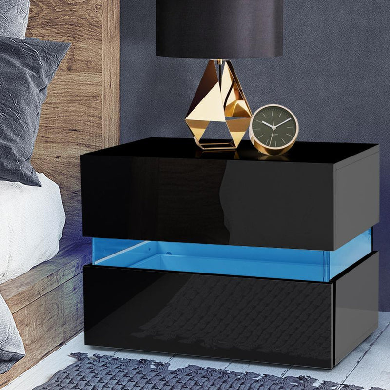 LED Light Bedside Table With 2 Drawers Black - Rivercity House & Home Co. (ABN 18 642 972 209) - Affordable Modern Furniture Australia