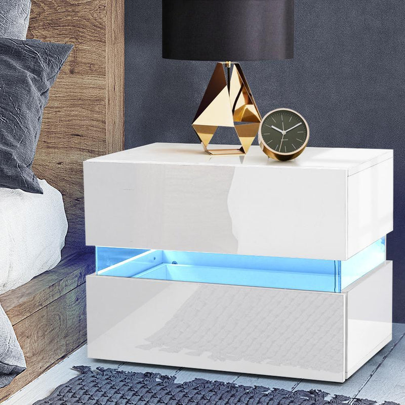 LED Light Bedside Table With 2 Drawers White - Rivercity House & Home Co. (ABN 18 642 972 209) - Affordable Modern Furniture Australia