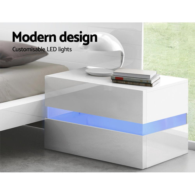 LED Light Bedside Table With 2 Drawers White - Rivercity House & Home Co. (ABN 18 642 972 209) - Affordable Modern Furniture Australia
