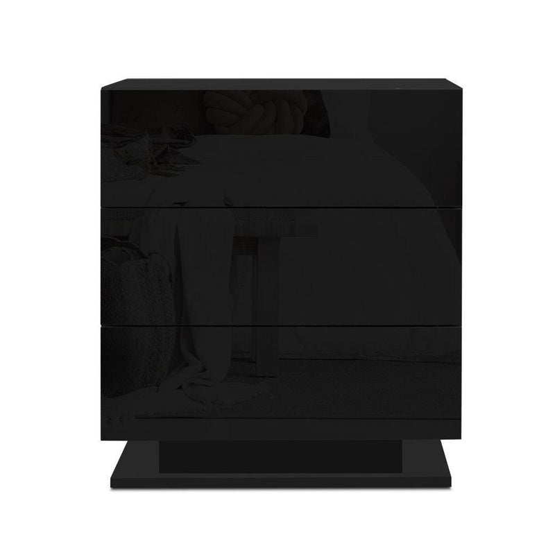 LED Light Bedside Table with 3 Drawers Gloss Black - Furniture > Bedroom - Rivercity House And Home Co.