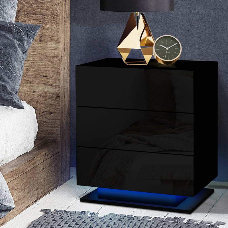 LED Light Bedside Table with 3 Drawers Gloss Black - Rivercity House & Home Co. (ABN 18 642 972 209) - Affordable Modern Furniture Australia