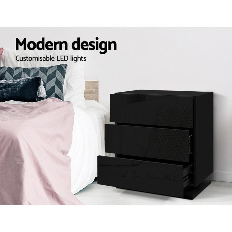 LED Light Bedside Table with 3 Drawers Gloss Black - Rivercity House & Home Co. (ABN 18 642 972 209) - Affordable Modern Furniture Australia