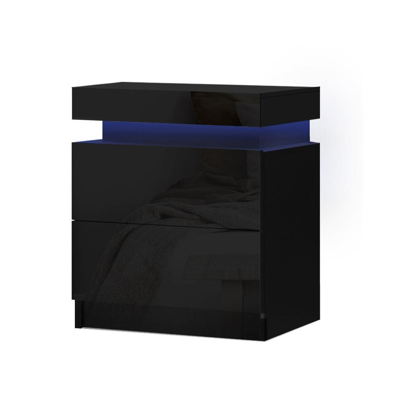 LED Light Bedside Table With Drawers Black - Rivercity House & Home Co. (ABN 18 642 972 209) - Affordable Modern Furniture Australia