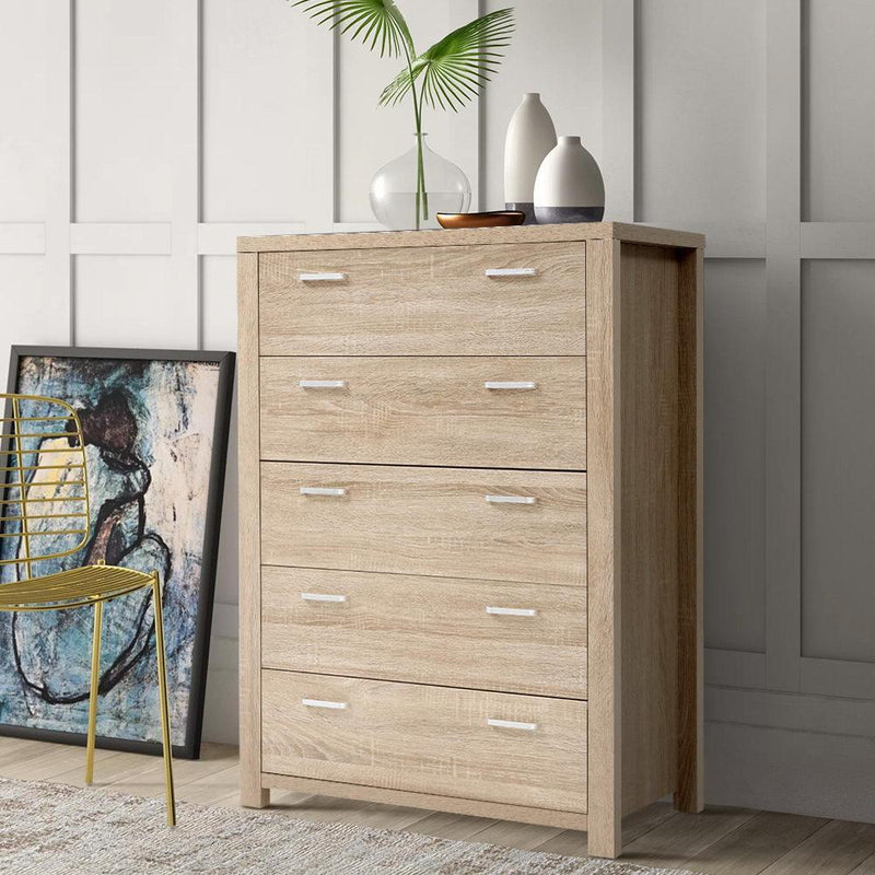 Maxi 5-drawer Tallboy Oak - Rivercity House & Home Co. (ABN 18 642 972 209) - Affordable Modern Furniture Australia