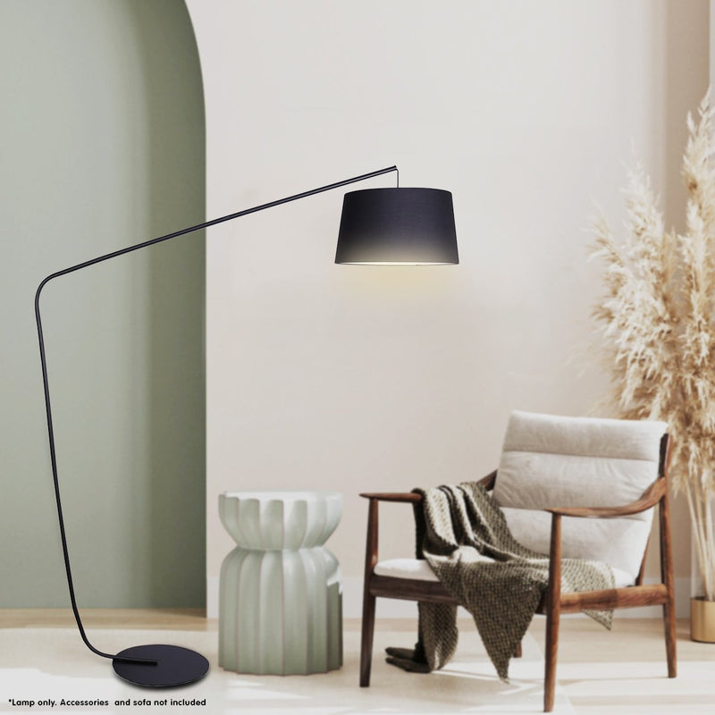 Metal Arc Floor Lamp in Black Finish with Linen Taper Shade - Home & Garden > Lighting - Rivercity House & Home Co. (ABN 18 642 972 209) - Affordable Modern Furniture Australia