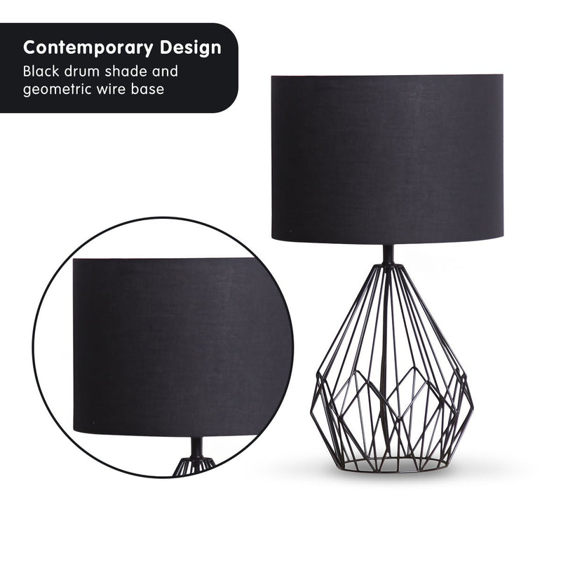Metal Wire Table Lamp in Black Finish With Black Drum Shade - Home & Garden > Lighting - Rivercity House & Home Co. (ABN 18 642 972 209) - Affordable Modern Furniture Australia