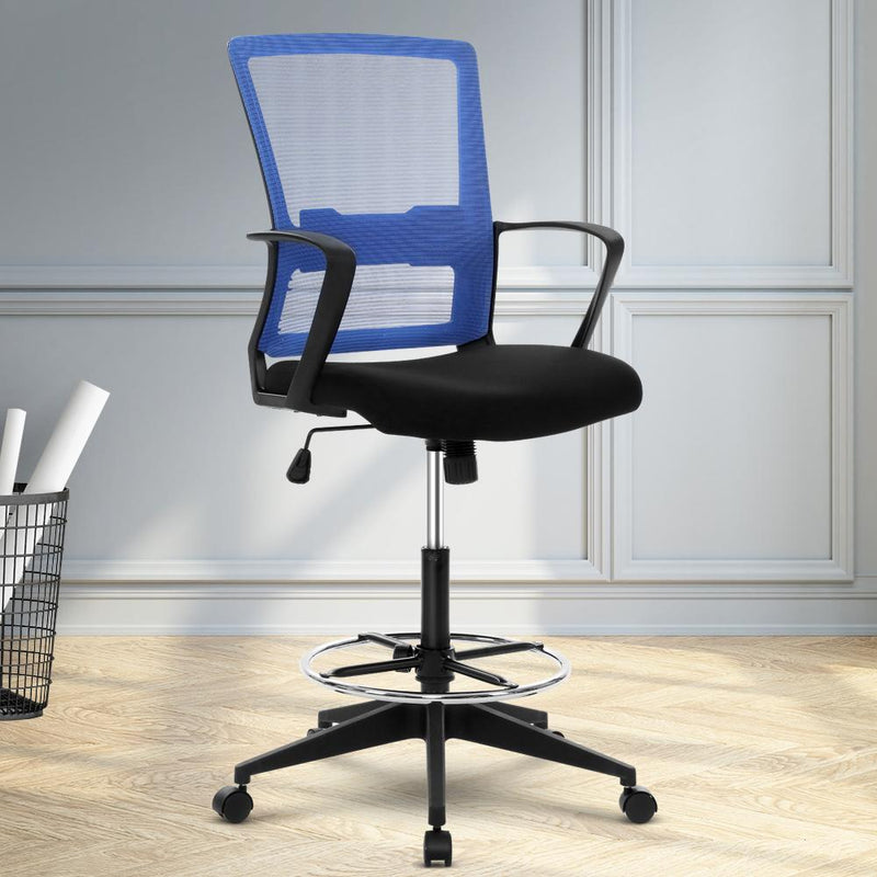 Mid Back Mesh Drafting Chair (Black & Blue) - Furniture - Rivercity House And Home Co.