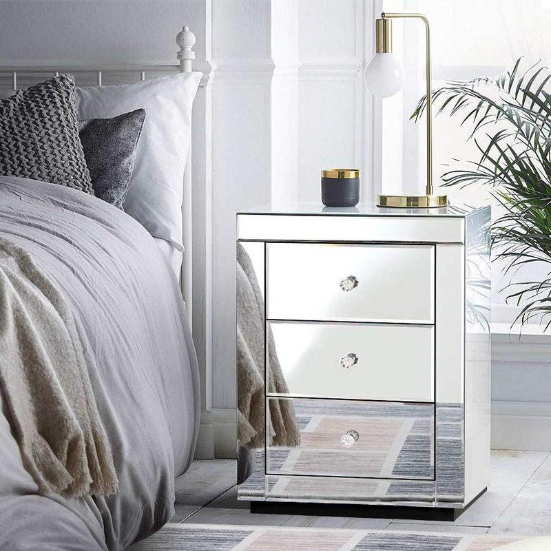Mirrored Bedside Table Drawers Furniture Mirror Glass Presia Silver - Furniture > Bedroom - Rivercity House & Home Co. (ABN 18 642 972 209) - Affordable Modern Furniture Australia