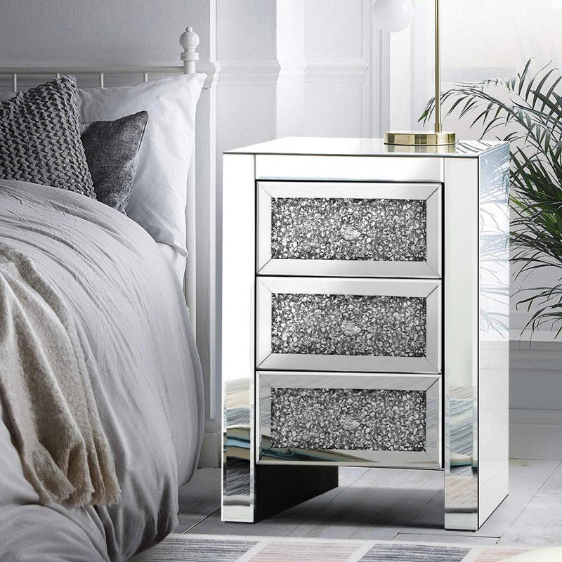 Mirrored Bedside Table with 3 Drawers - Furniture > Bedroom - Rivercity House & Home Co. (ABN 18 642 972 209) - Affordable Modern Furniture Australia