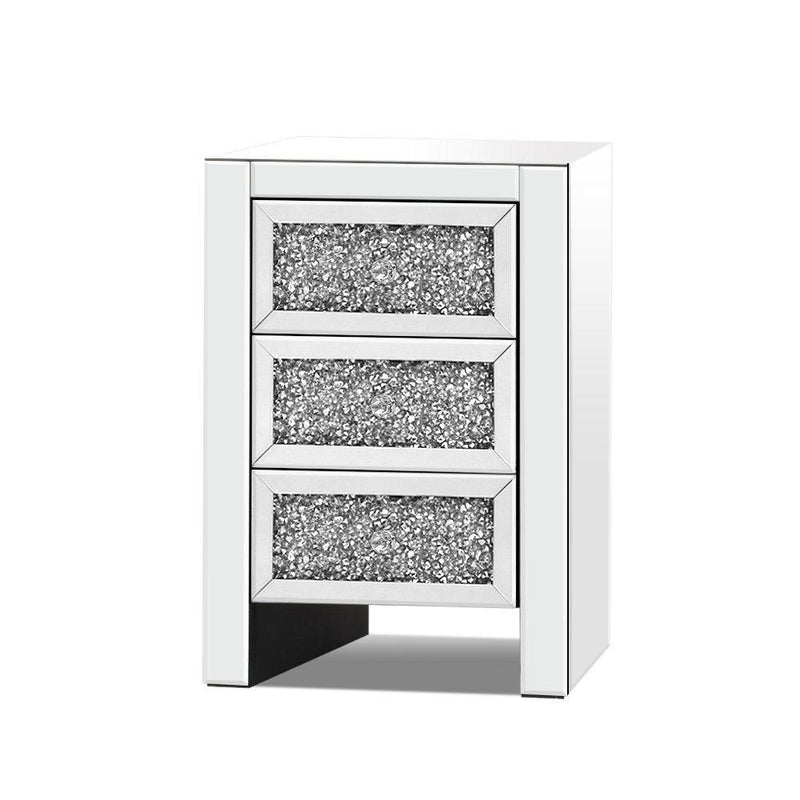Mirrored Bedside Table with 3 Drawers - Furniture > Bedroom - Rivercity House & Home Co. (ABN 18 642 972 209) - Affordable Modern Furniture Australia