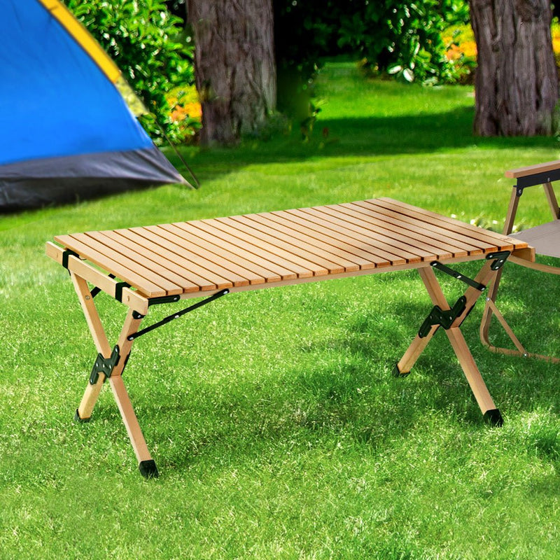 Outdoor Furniture Wooden Egg Roll Picnic Table Camping Desk 90CM - Furniture > Outdoor - Rivercity House & Home Co. (ABN 18 642 972 209)