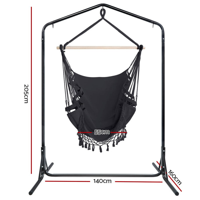 Outdoor Hammock Chair with Stand Tassel Hanging Rope Hammocks Grey - Furniture > Outdoor - Rivercity House & Home Co. (ABN 18 642 972 209)
