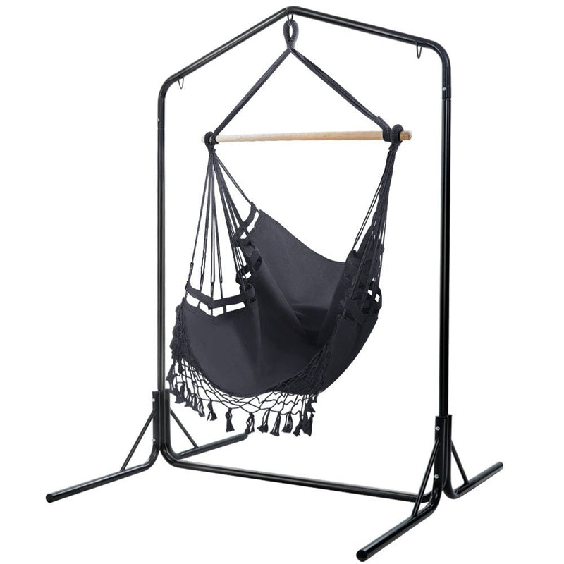 Outdoor Hammock Chair with Stand Tassel Hanging Rope Hammocks Grey - Furniture > Outdoor - Rivercity House & Home Co. (ABN 18 642 972 209)