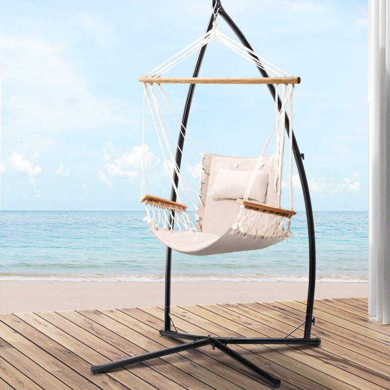 Outdoor Hammock Chair with Steel Stand - Beach Cream - Furniture > Outdoor - Rivercity House & Home Co. (ABN 18 642 972 209) - Affordable Modern Furniture Australia