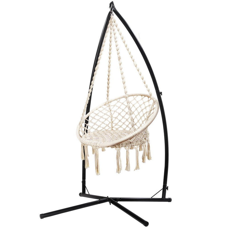 Outdoor Hammock Chair with Steel Stand Cotton Swing Hanging 124CM Cream - Furniture > Outdoor - Rivercity House & Home Co. (ABN 18 642 972 209) - Affordable Modern Furniture Australia