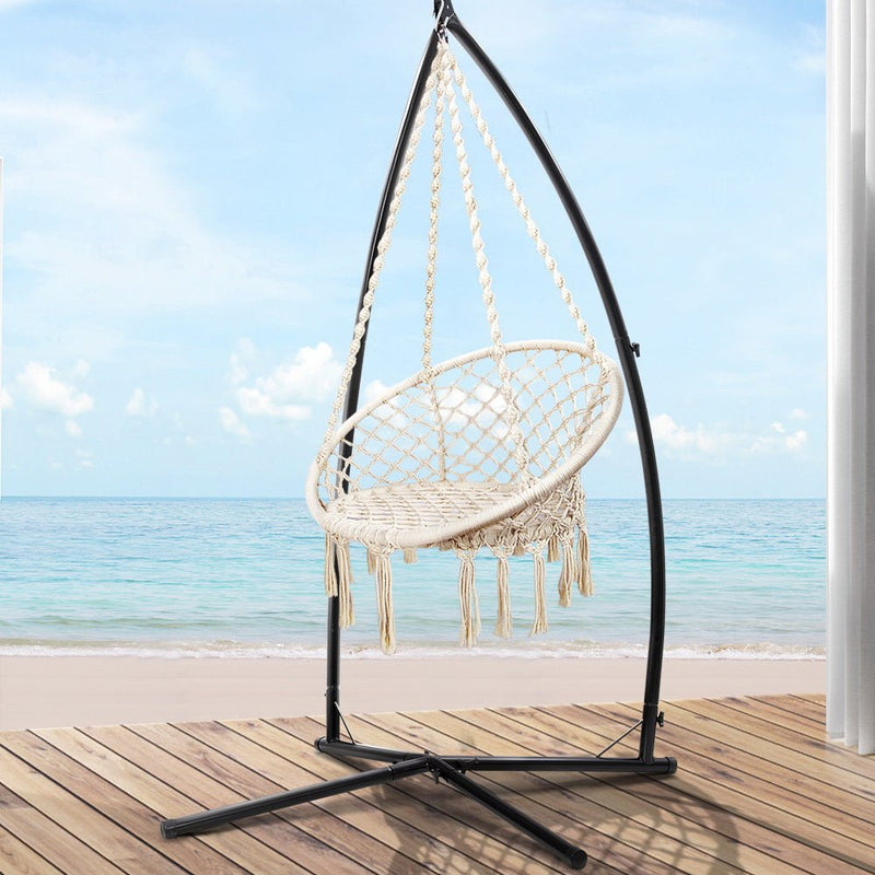 Outdoor Hammock Chair with Steel Stand Cotton Swing Hanging 124CM Cream - Furniture > Outdoor - Rivercity House & Home Co. (ABN 18 642 972 209) - Affordable Modern Furniture Australia