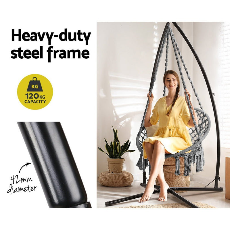 Outdoor Hammock Chair with Steel Stand Cotton Swing Hanging 124CM Grey - Furniture > Outdoor - Rivercity House & Home Co. (ABN 18 642 972 209) - Affordable Modern Furniture Australia