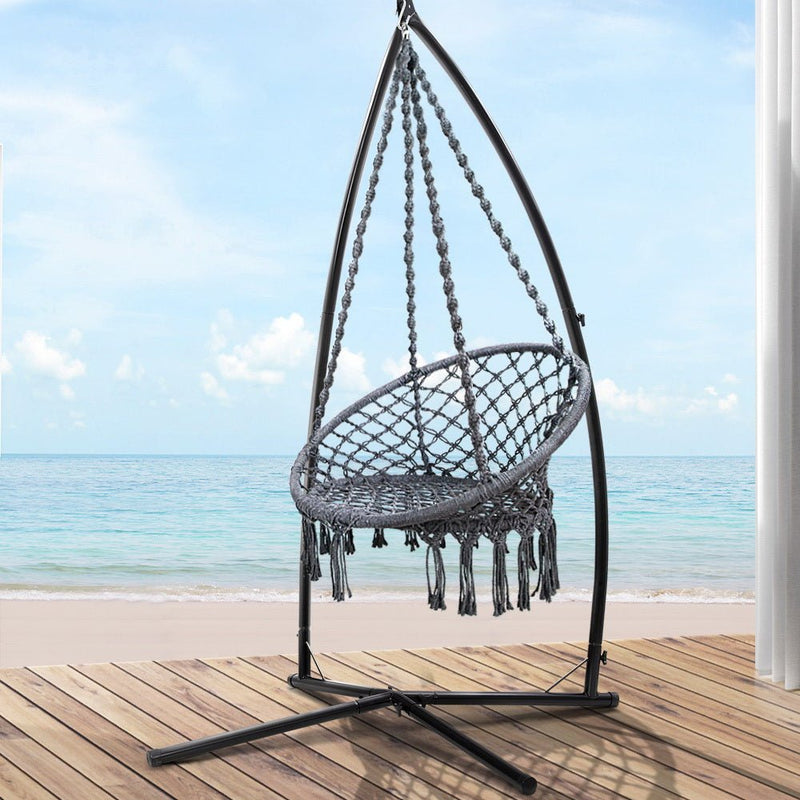 Outdoor Hammock Chair with Steel Stand Cotton Swing Hanging 124CM Grey - Furniture > Outdoor - Rivercity House & Home Co. (ABN 18 642 972 209) - Affordable Modern Furniture Australia