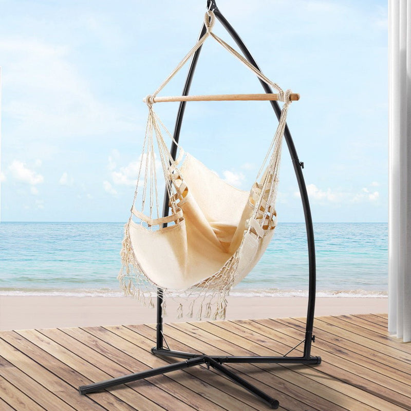Outdoor Hammock Chair with Steel Stand Tassel Hanging Rope Hammock Cream - Furniture > Outdoor - Rivercity House & Home Co. (ABN 18 642 972 209) - Affordable Modern Furniture Australia