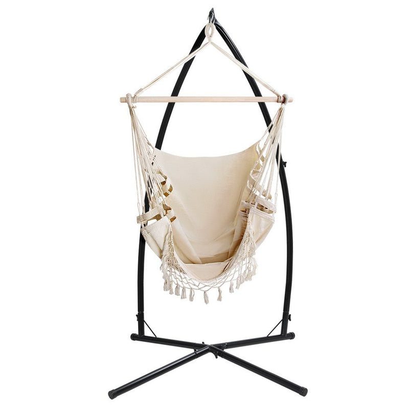 Outdoor Hammock Chair with Steel Stand Tassel Hanging Rope Hammock Cream - Furniture > Outdoor - Rivercity House & Home Co. (ABN 18 642 972 209) - Affordable Modern Furniture Australia
