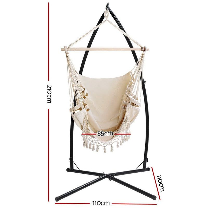 Outdoor Hammock Chair with Steel Stand Tassel Hanging Rope Hammock Cream - Furniture > Outdoor - Rivercity House & Home Co. (ABN 18 642 972 209) - Affordable Modern Furniture Australia