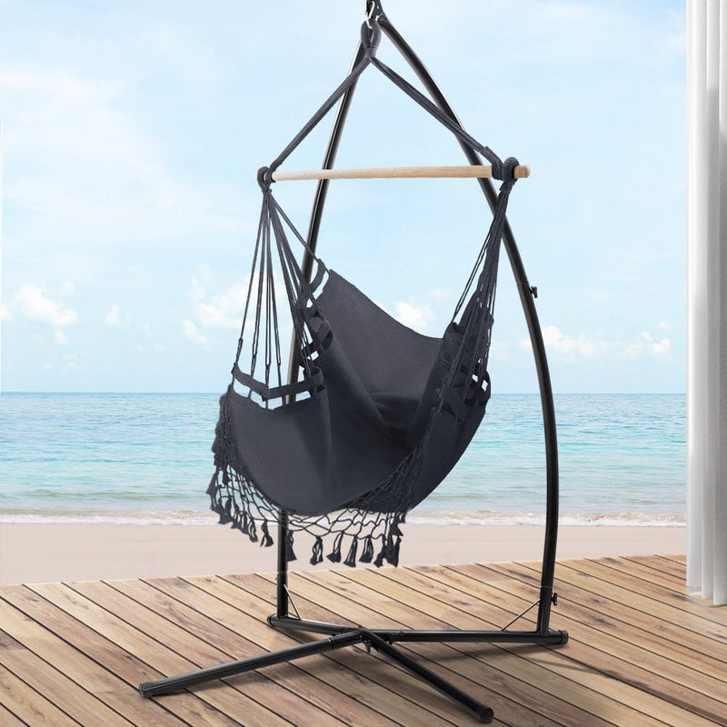 Outdoor Hammock Chair with Steel Stand Tassel Hanging Rope Hammock Grey - Furniture > Outdoor - Rivercity House & Home Co. (ABN 18 642 972 209) - Affordable Modern Furniture Australia