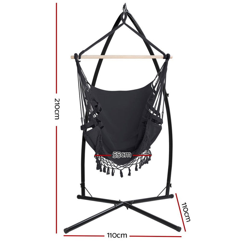 Outdoor Hammock Chair with Steel Stand Tassel Hanging Rope Hammock Grey - Furniture > Outdoor - Rivercity House & Home Co. (ABN 18 642 972 209)