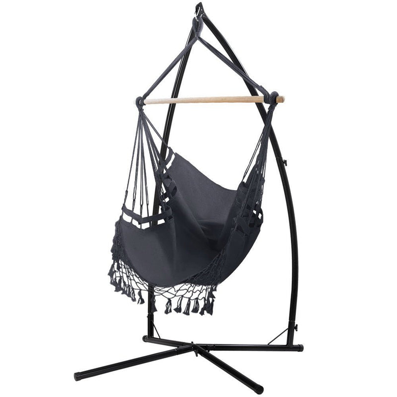 Outdoor Hammock Chair with Steel Stand Tassel Hanging Rope Hammock Grey - Furniture > Outdoor - Rivercity House & Home Co. (ABN 18 642 972 209) - Affordable Modern Furniture Australia