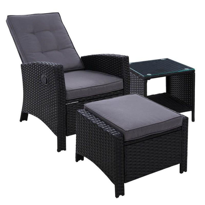 Outdoor Recliner Chair Set with Table & Ottoman - Black - Rivercity House & Home Co. (ABN 18 642 972 209) - Affordable Modern Furniture Australia