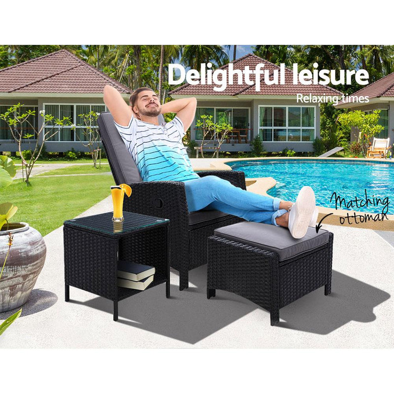 Outdoor Recliner Chair Set with Table & Ottoman - Black - Rivercity House & Home Co. (ABN 18 642 972 209) - Affordable Modern Furniture Australia