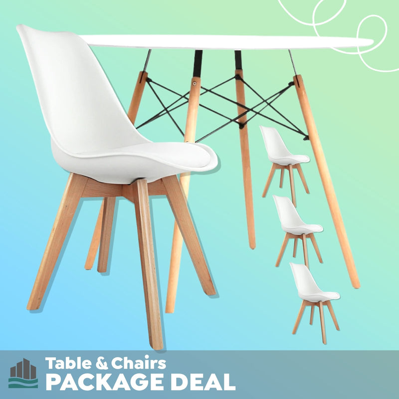 Package Deal | Set of 4 White Padded Dining Chairs & White Round Dining Table - Rivercity House And Home Co.