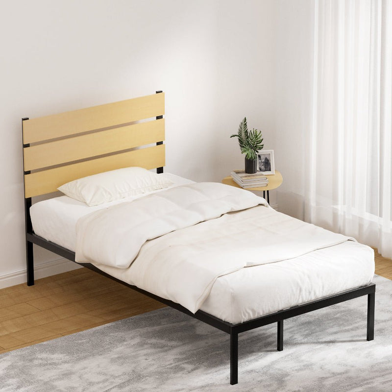 Paula King Single Metal Bed Frame Black With Wooden Headboard - Furniture > Bedroom - Rivercity House & Home Co. (ABN 18 642 972 209) - Affordable Modern Furniture Australia
