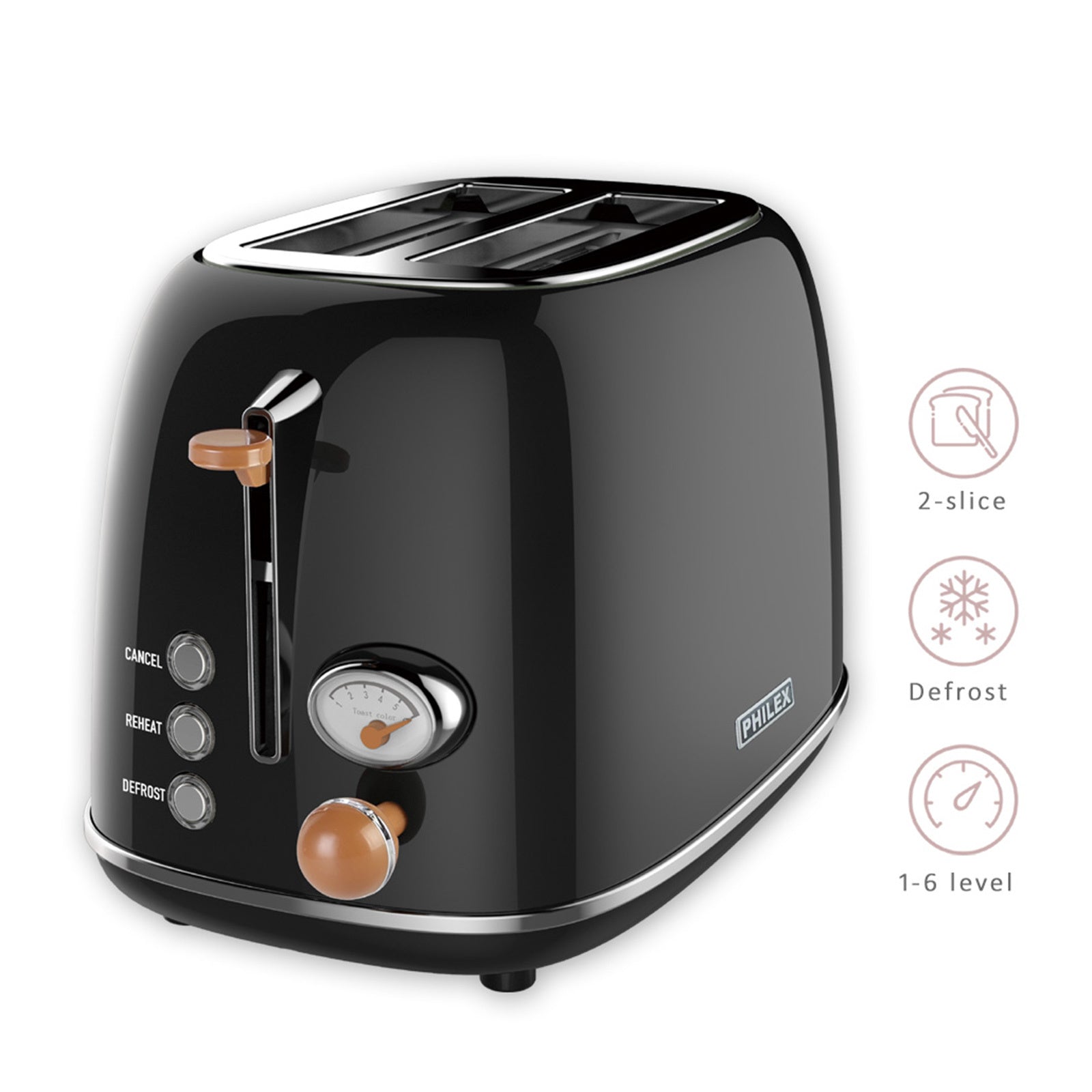 PHILEX 2-Slice Black Toaster Bread Reheat Retro - Appliances > Kitchen Appliances - Rivercity House & Home Co. (ABN 18 642 972 209) - Affordable Modern Furniture Australia