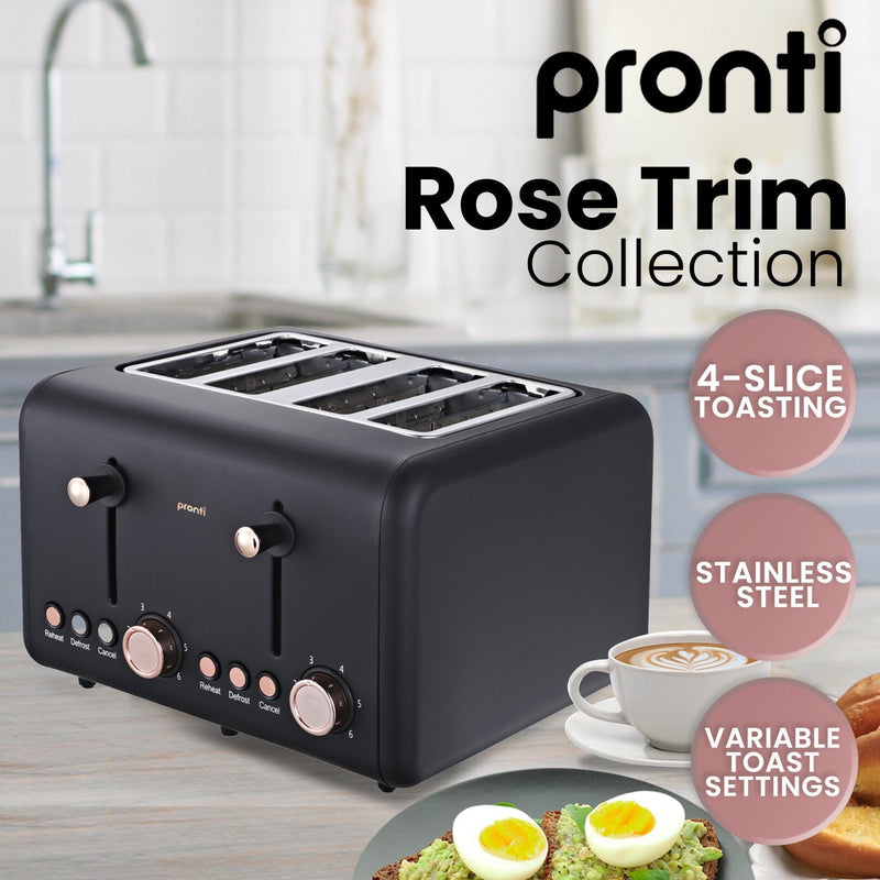 Pronti 4 Slice Toaster Rose Trim Collection - Black - Appliances > Kitchen Appliances - Rivercity House & Home Co. (ABN 18 642 972 209) - Affordable Modern Furniture Australia