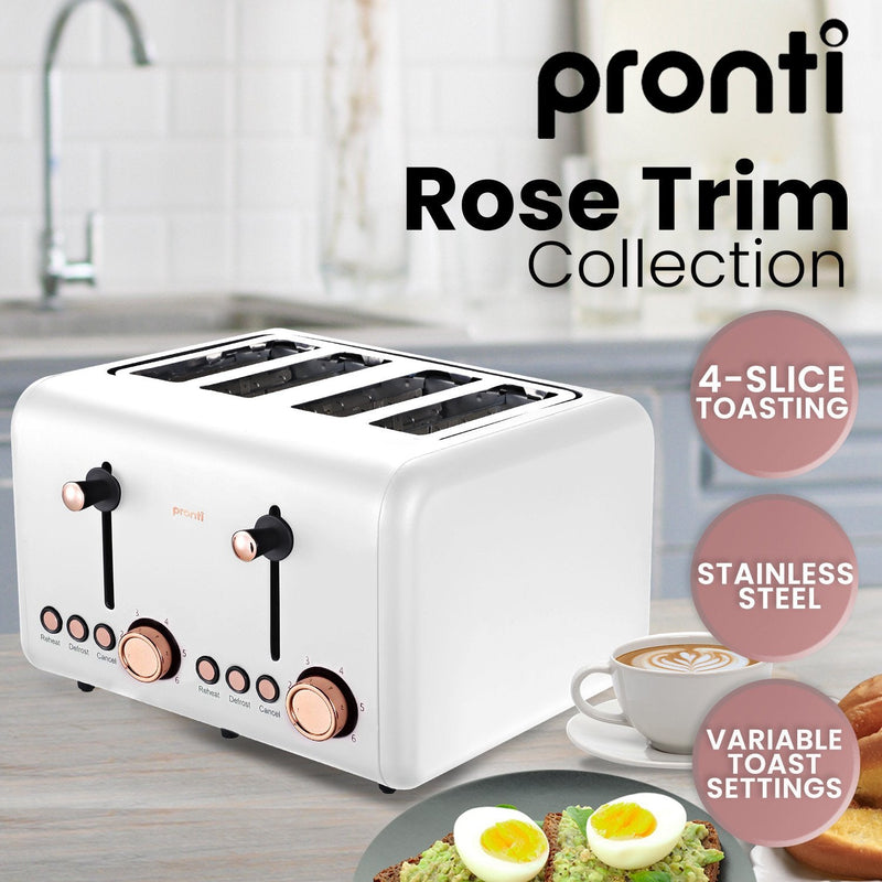 Pronti 4 Slice Toaster Rose Trim Collection - White - Appliances > Kitchen Appliances - Rivercity House & Home Co. (ABN 18 642 972 209) - Affordable Modern Furniture Australia