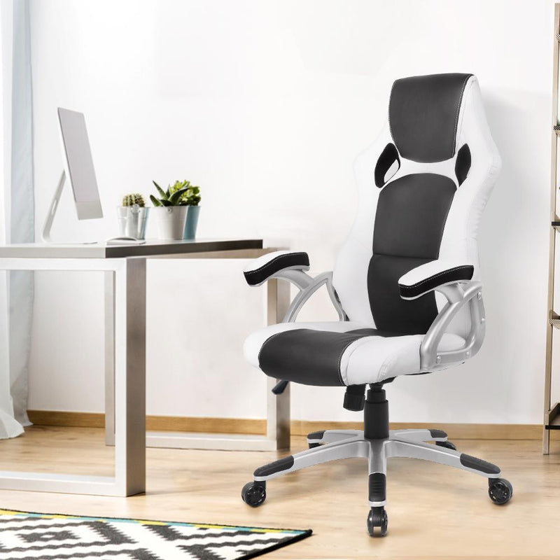 PU Leather Racing Style Office Desk Chair - Black & White - Furniture - Rivercity House & Home Co. (ABN 18 642 972 209) - Affordable Modern Furniture Australia