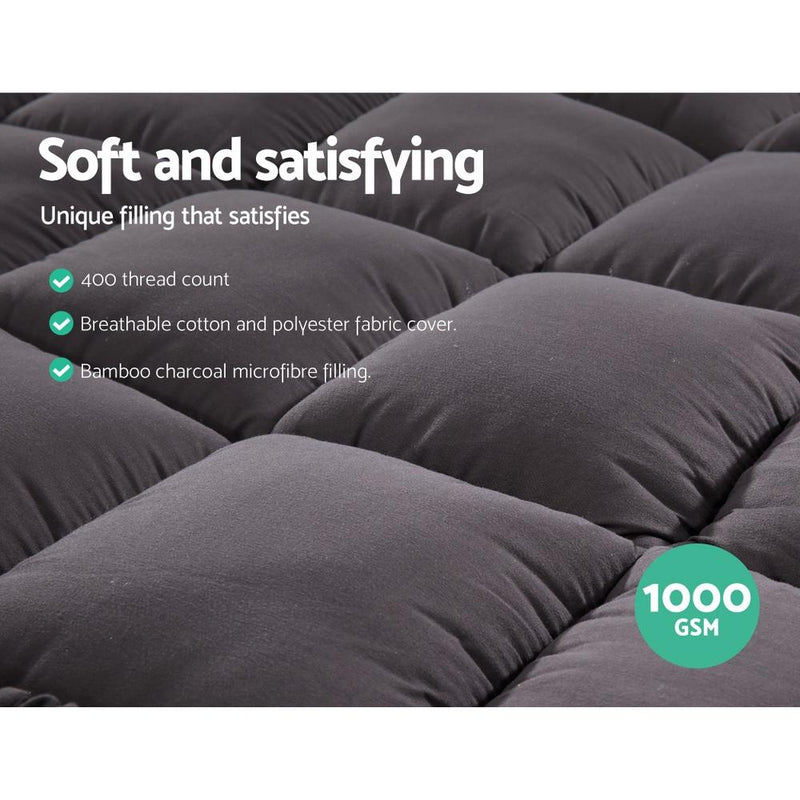 Queen Mattress Topper Pillowtop 1000GSM Charcoal Microfibre Bamboo Fibre Filling Protector - Rivercity House & Home Co. (ABN 18 642 972 209) - Affordable Modern Furniture Australia