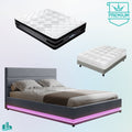 Queen Premium Package | Henley LED Storage Queen Bed Frame Grey, Luna Series Euro Top Mattress (Medium Firm) & Bamboo Mattress Topper!