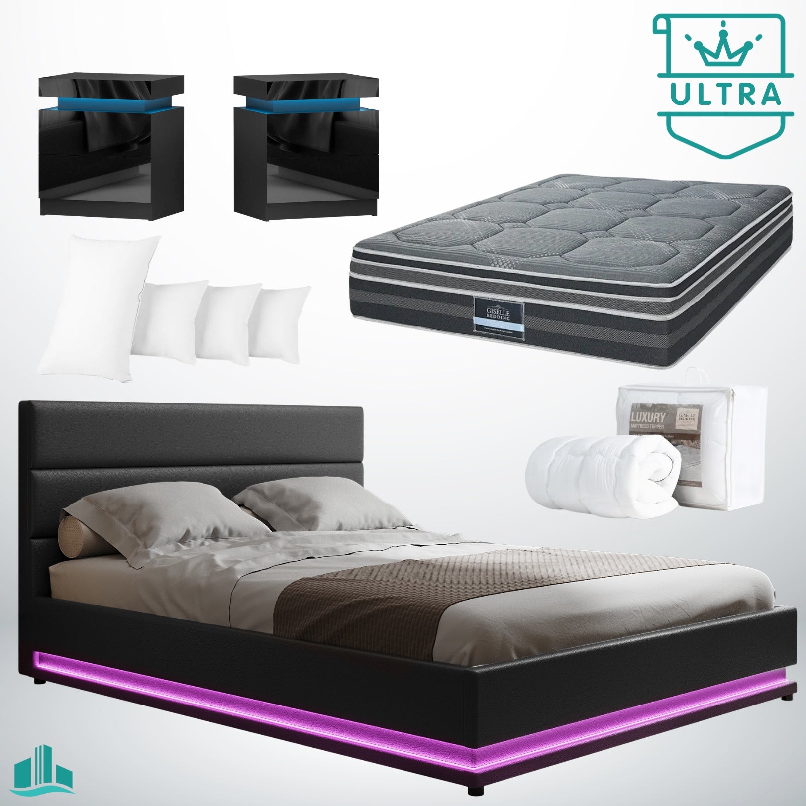 Queen Ultra Package | Henley LED Bed Black, 2 x LED Bedside Tables, Platinum Series 7 Zone Dual Euro Top Mattress, Pillowtop Mattress Topper & 4 x Pillows - Rivercity House & Home Co. (ABN 18 642 972 209) - Affordable Modern Furniture Australia