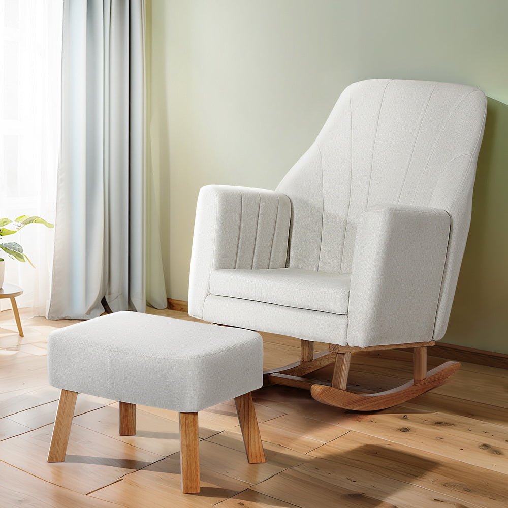 Rocking Chair Armchair Linen Fabric Beige Jonah - Furniture > Bar Stools & Chairs - Rivercity House & Home Co. (ABN 18 642 972 209) - Affordable Modern Furniture Australia
