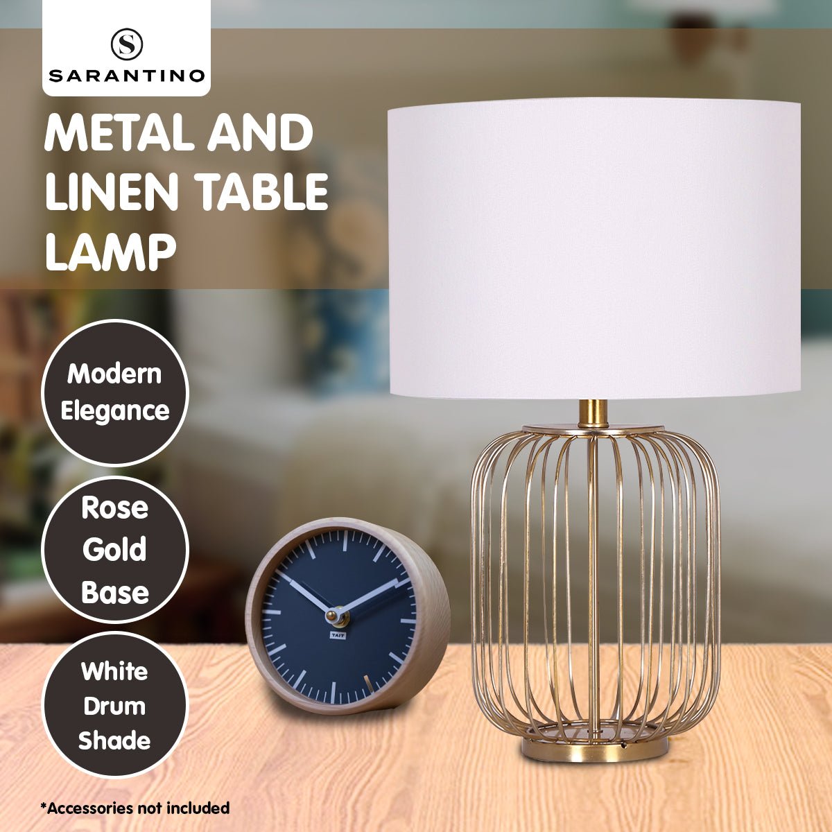 Rose Gold Table Lamp with Linen Drum Shade - Main Image