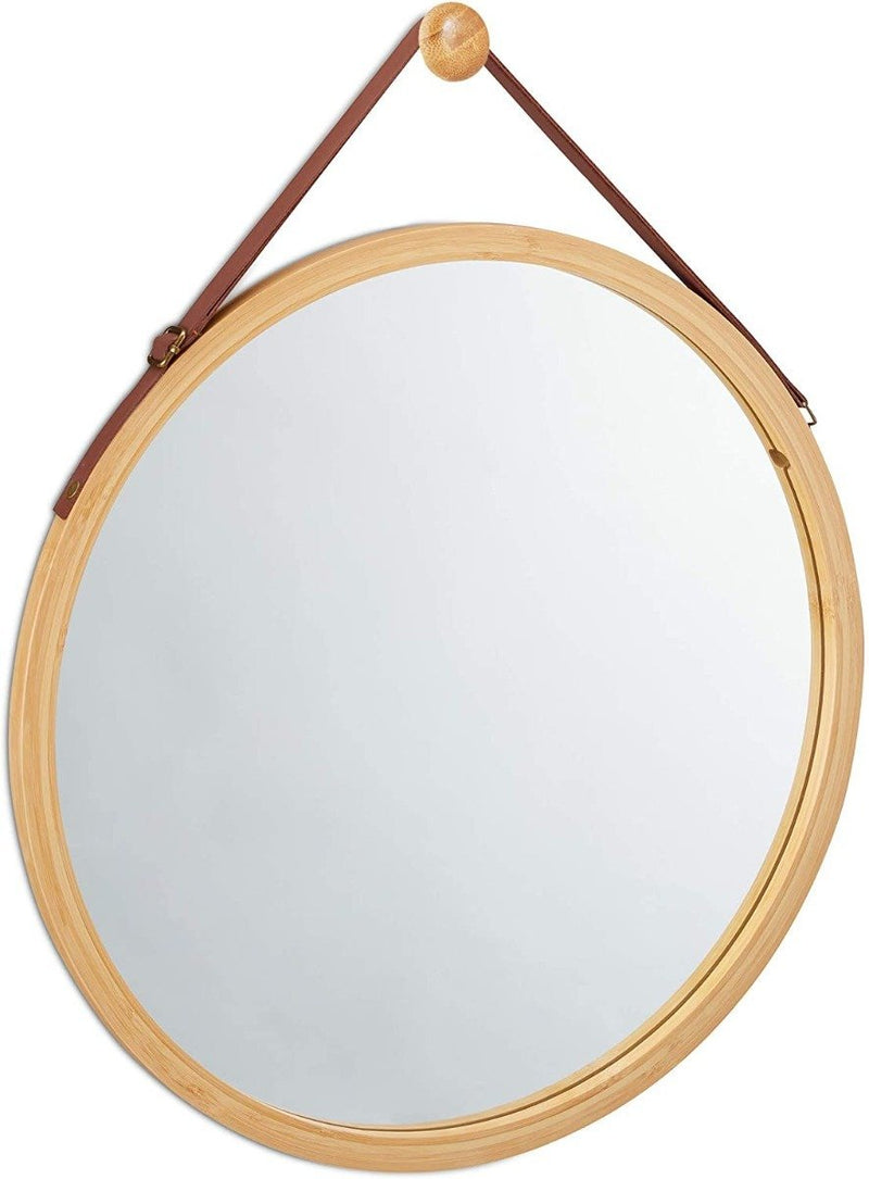 Round Wall Mirror 38 cm - Solid Bamboo Frame and Adjustable Leather Strap - Rivercity House & Home Co. (ABN 18 642 972 209) - Affordable Modern Furniture Australia