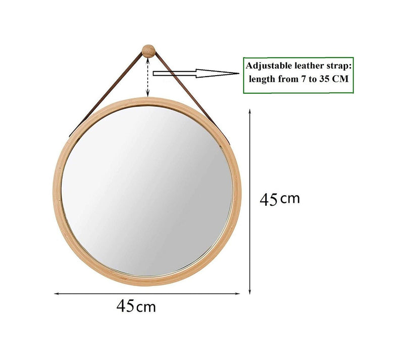 Round Wall Mirror 45 cm - Solid Bamboo Frame and Adjustable Leather Strap - Health & Beauty > Makeup Mirrors - Rivercity House And Home Co.