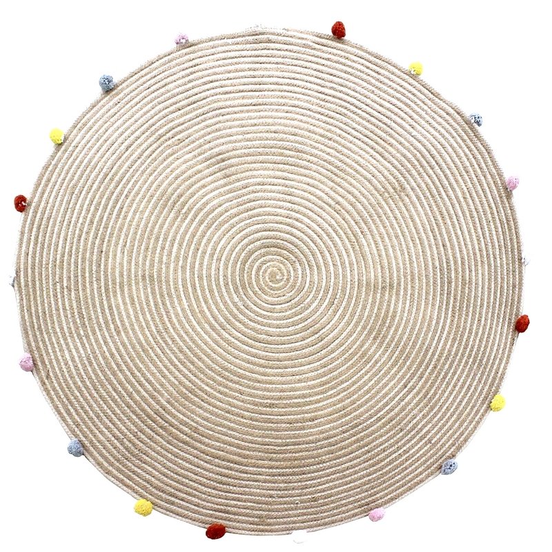 Round Woven Jute Cotton Multicolour Pompom Rug 120 cm - Home & Garden > Rugs - Rivercity House & Home Co. (ABN 18 642 972 209) - Affordable Modern Furniture Australia